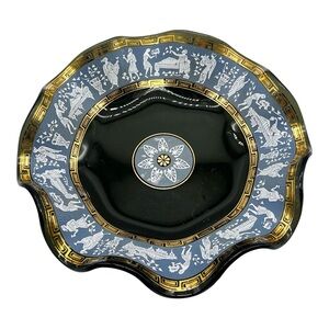 Vtg Hellenistic Black Smoky Art Glass Candy/nut Dish Ruffled Gold Edge 7” Mcm